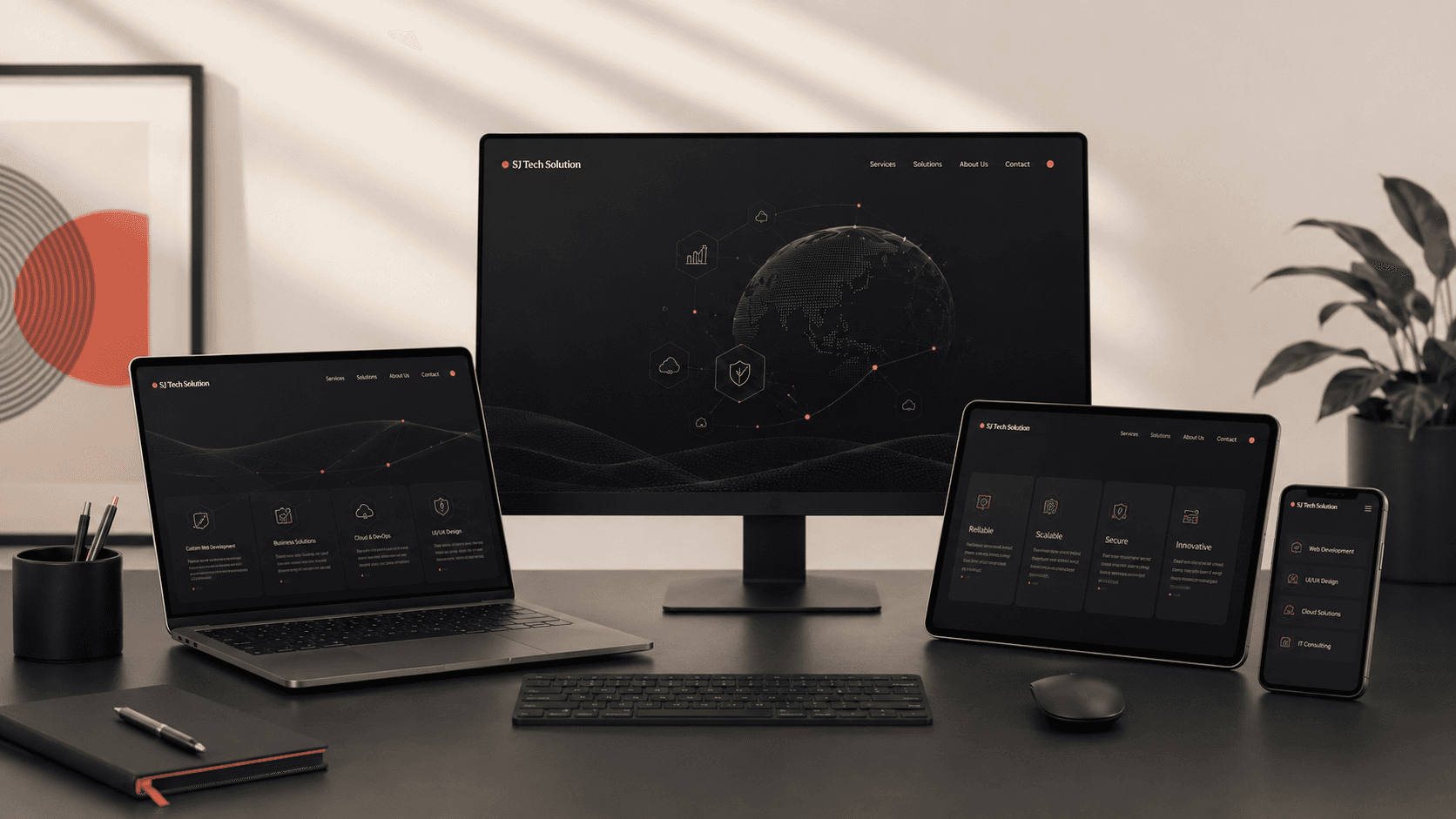 SJ Tech dashboard across monitor, laptop, tablet, and phone
